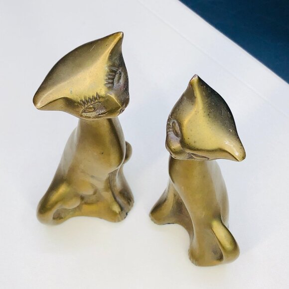 80s Brass Long Neck Alley Cat COUPLE Figurines Set, Vintage Gold Tone Statuettes - Picture 7 of 11